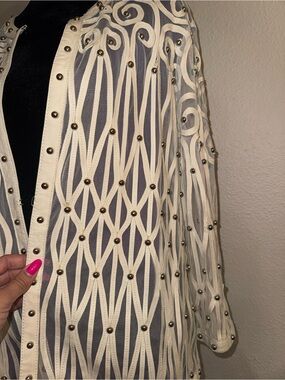 GRAYSE Kelly & Marie Gray studded lamb leather mesh jacket/cardigan.